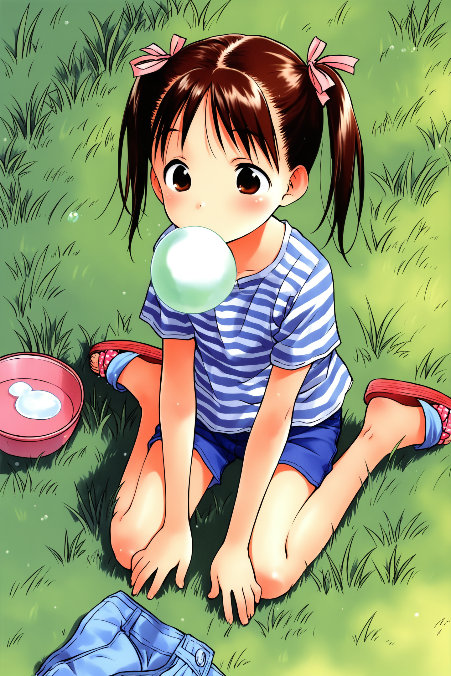 37397-1685132774-Miu Matsuoka,1girl,solo,bubble blowing,twintails,sandals,brown hair,bubble,shorts,sitting,striped,blue shorts,ribbon,wariza,gras.png